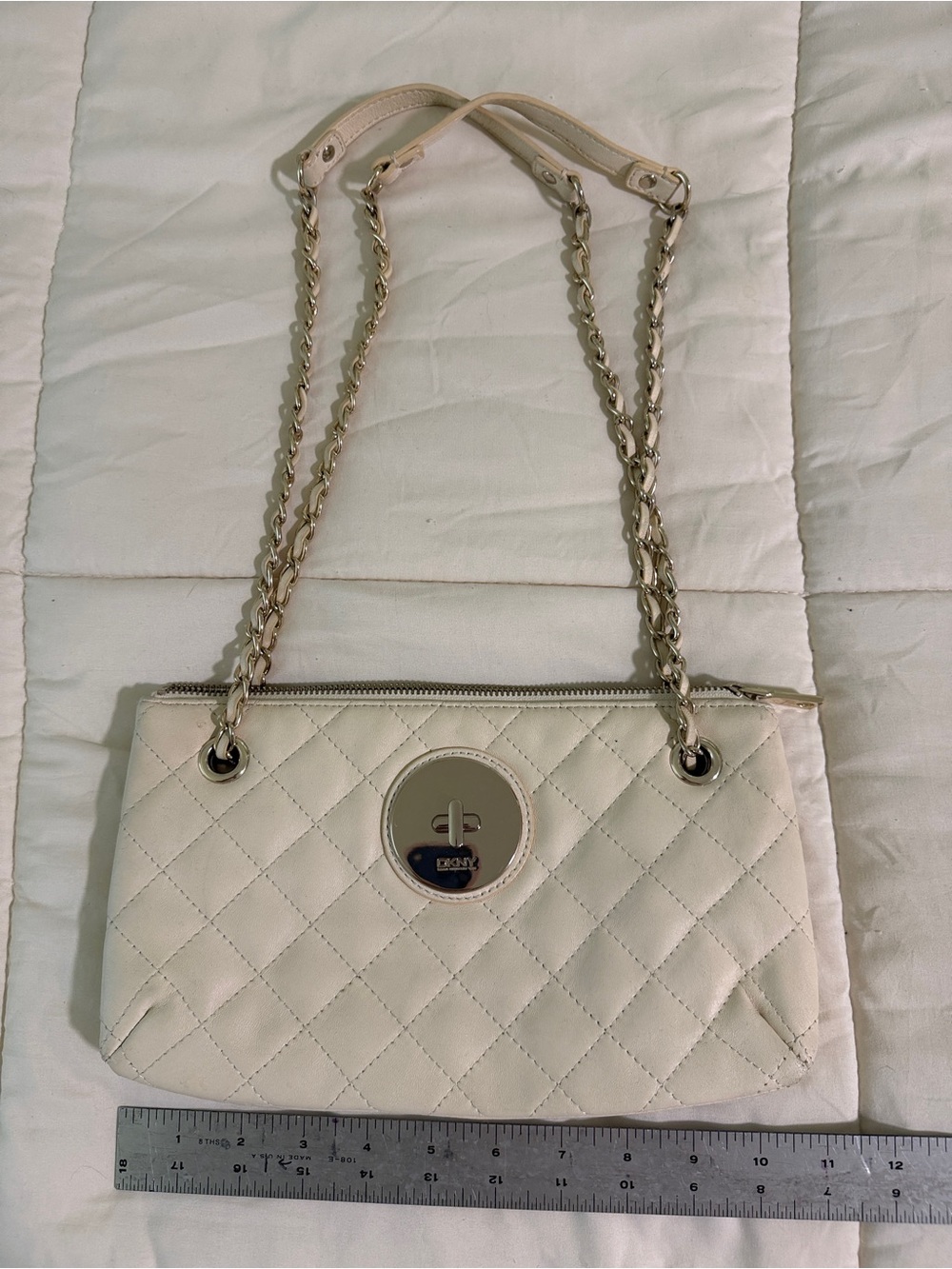 DKNYC Quilted Cream Shoulder Bag with Chain Straps